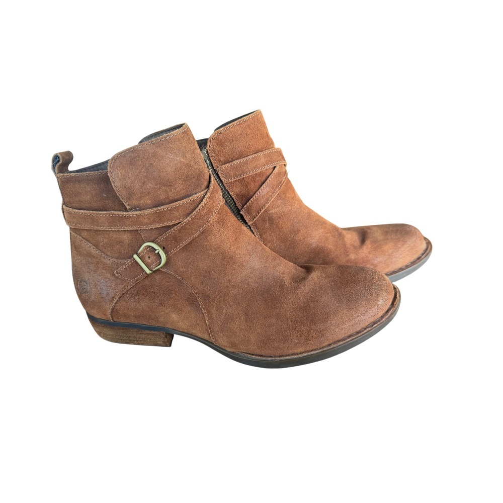 Born Kerri Suede Ankle Boots Tobacco Brown Leather Zip Buckle Booties boho